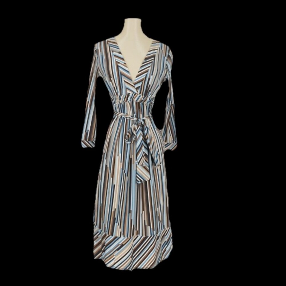 BCBGMaxazria blue/tan/white striped dress.  Size S